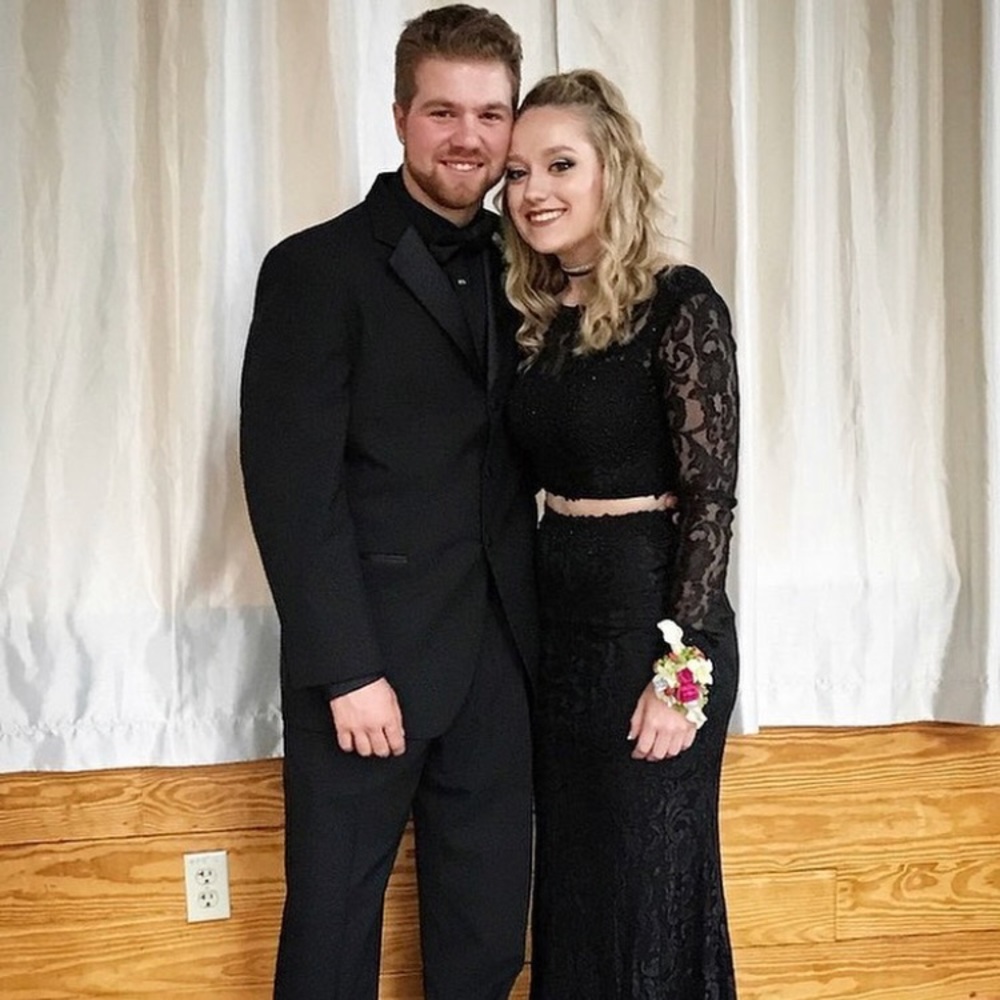 Black Lace Two Piece Long Sleeve Prom Dress